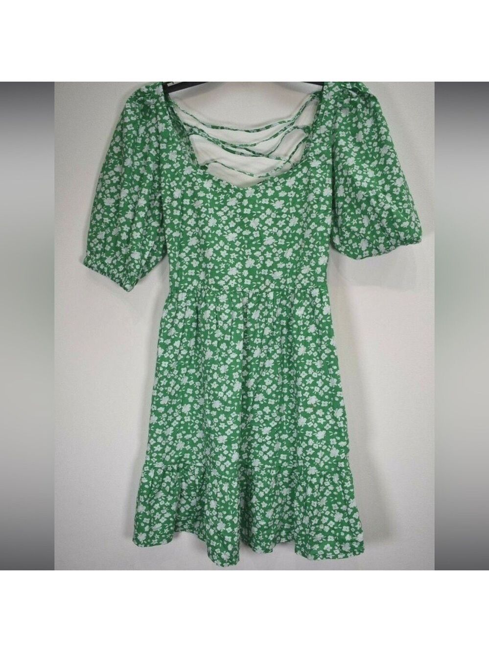 Asos Womens Puff Short Sleeve Tie Up Back Tiered Mini Dress 14 - Picture 5 of 5
